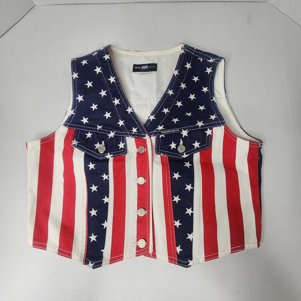 Vintage Parkers Jeans American Flag Vest  Womens Large Denim Made in USA Button